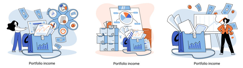 Investment portfolio income dollars currency, buy sell trading, market exchange value metaphor, businessman investor or trader balance portfolio with coins. Financiers analyzing stock market profit