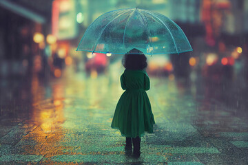 Girl with umbrella under rain, night city lights. Ai generated art - obrazy, fototapety, plakaty