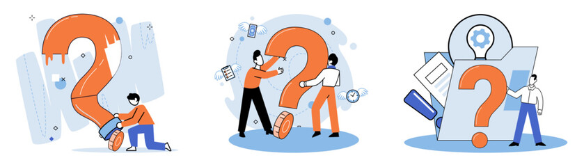 Question mark, obtaining information of interest. Problem and solution concept metaphor. FAQ help. Decision of information task, ask questions and receive answers, paint ladge sign decision of doubts