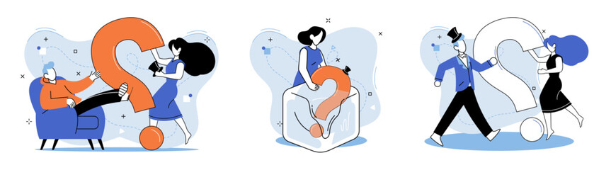 Question mark, obtaining information of interest. Problem and solution concept metaphor. FAQ help. Decision of information task, ask questions and receive answers, paint ladge sign decision of doubts