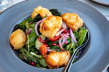 Healthy vegetarian Mediterranean food, Grilled Halloumi cheese Salad with green lettuce, onion and cucumber