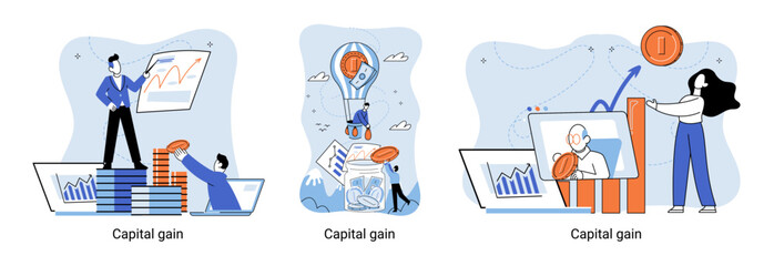 Capital gain, net income, monetary profit and growing graph up. Economic growth, income from investments. Metaphor of business success. Difference between purchase price of an asset and its sale price