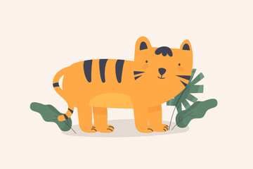 Cute animal tiger poster with leaf, nursery decoration, safari illustration, animal baby mascot.