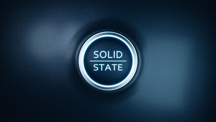 Car engine start button concept with solid state word, new research solid-state battery tech for industry high capacity energy storage, electric vehicle rechargeable power technology 3d rendering