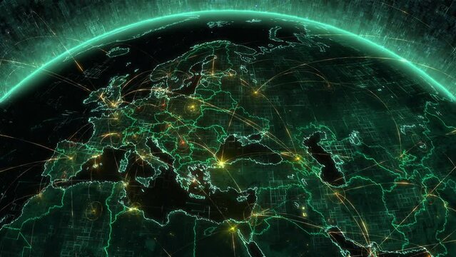 Futuristic Animation of Rotating Earth with Grids and Connections.
Highly Detail View of European Map Representing concepts as Telecommunication, Artificial Intelligence, IOT, AR and 5G Networks.
