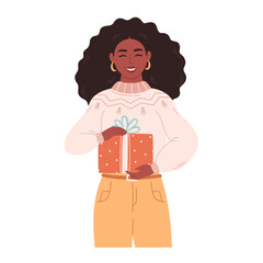 Black woman in sweater with Christmas gift. Merry Christmas, Christmas sale. Happy Holidays. Hand drawn vector illustration