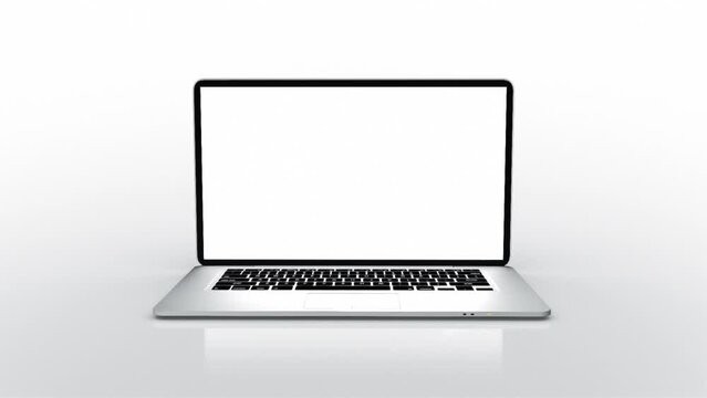 Highly Detailed Generic Aluminum Laptop Computer Spinning and Opening Over White Background. Empty White Screen Display Laptop Zooming in Perfect To Insert You Own Video Or Image.