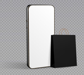 Shopping bag phone 3d illustration. Online shopping vector template via smartphone application shopping gift bag. Smart business marketing concept.