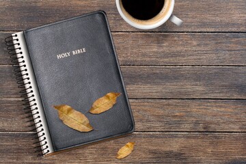 Classic Bible book and Coffee on the desk