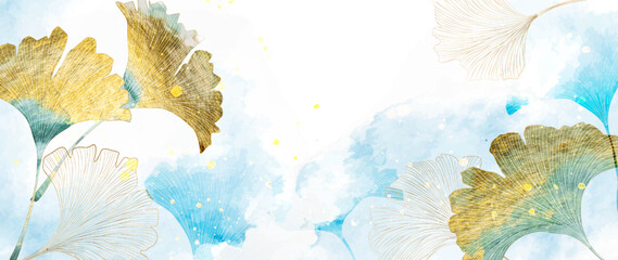 Luxury watercolor blue art background with ginkgo leaves in gold line art style. Botanical banner for wallpaper design, decor, print, textile, packaging, invitations,, interior design.