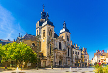 Fototapeta na wymiar View of impressive medieval church of St Peter, former Benedictine chapel on Chalon-sur-Saone square in summer, France