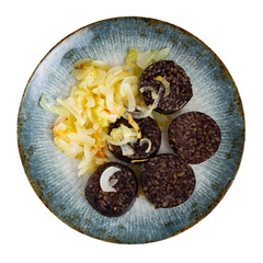 Spanish blood sausage morcilla served with grilled onion on plate. Isolated on white background