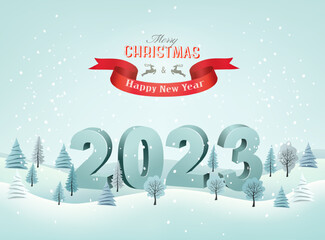 Fototapeta na wymiar Abstract Holiday Christmas and Happy New Year background with a winter landscape and christmas trees. Vector.