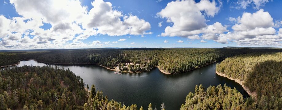 Aerial panorama over Woods Canyon Lake, along the Mogollon Rim in Northern Arizona. 