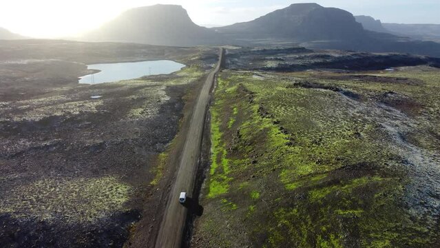 Road landscape in Iceland, beautiful volcanic nature in sunny weather, travel destination gravel f road