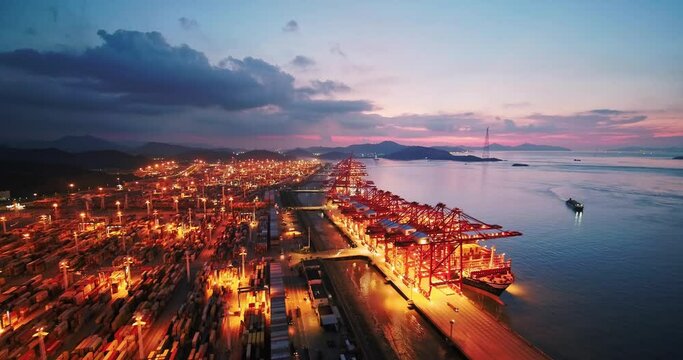aerial view of commercial harbor at sunset