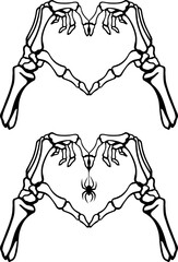 Skeleton hands in heart gesture with spider web. Tattoo, Halloween design and decor element, coloring book pages. Highly detailed and accurate lines for print or engraving