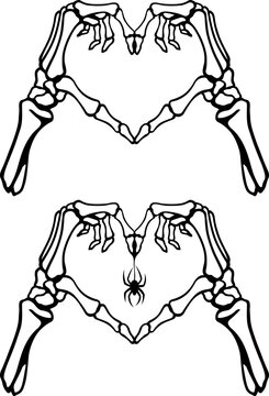 Skeleton hands in heart gesture with spider web. Tattoo, Halloween design and decor element, coloring book pages. Highly detailed and accurate lines for print or engraving