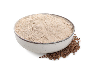 Bowl with buckwheat flour and grains on white background