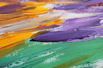 Beautiful strokes of colorful oil paints on white canvas as background, closeup