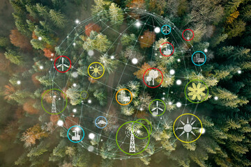 Digital icons of sustainable development goals and view of beautiful forest