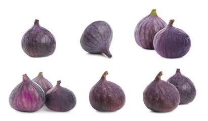 Set with tasty ripe figs on white background