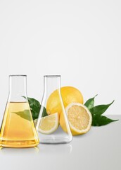Fresh ripe lemon and glass tubes equipment