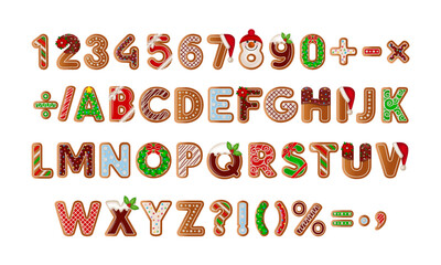 Gingerbread alphabet and numbers. set of isolated gingerbread cookies. christmas sweets. - obrazy, fototapety, plakaty