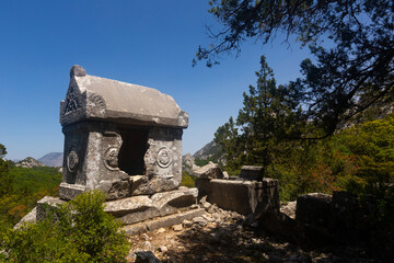 Destroyed greek tombs and ancient burials in Southwest necropolis at ancient city of Termessos near Antalya, Turkey