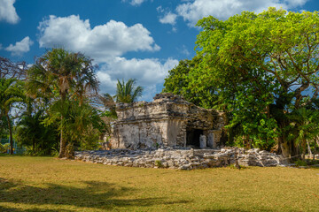 Fototapeta na wymiar Playacar Mayan ruins in the forest park in Playa del Carmen, Yucatan, Mexico