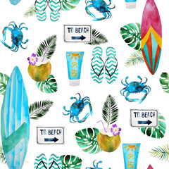 Colorful bright watercolor hawaiian seamless pattern with surf and beach staff