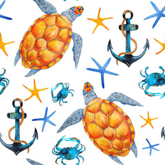 Colorful bright watercolor nautical hawaiian seamless pattern with turtles and anchors