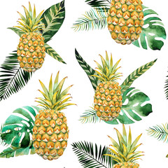 Colorful bright watercolor hawaiian seamless pattern with pineapples and tropical leaves