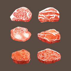 Set different cuts of raw meats vector illustration