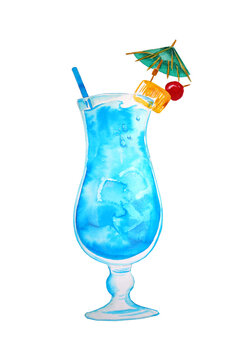 Watercolor hand drawn blue cocktail with ice and lime
