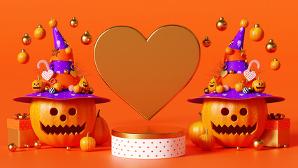 3d rendering, happy halloween podium, pumpkin, heart gold on orange color background, oct 31st celebration.