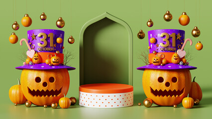 3d rendering happy halloween, podium pumpkin, hanging decoration ball on green color background, Oct 31st, copy space for text message or banner template design