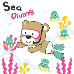 Fototapeta premium Cute animal in snorkel mask diving in the sea isolated on white background illustration vector suitable for stickers and t shirts kids baby, t shirt print design, fashion graphic and other decoration.