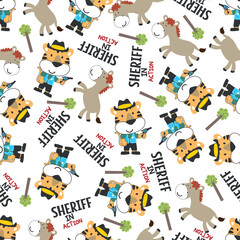 Fototapeta premium Vector illustration of Cute animal sheriff with gun and and horse. Can be used for t-shirt print, Creative vector childish background for fabric textile, nursery wallpaper and other decoration.