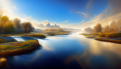 Beautiful landscape with watercolor digital painting, blue sky, mountain and river background. 3D Illustration
