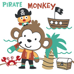 Obraz premium Vector illustration of funny animal pirate with treasure chest, suitable for stickers and t shirts kids baby, t shirt print design, fashion graphic and other decoration.