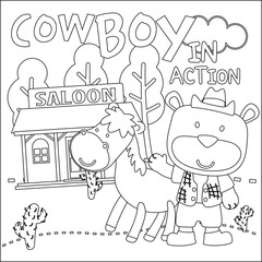 Naklejka premium vector illustration of Cute animal cowboy with lasso and and horse. Childish design for kids activity colouring book or page.