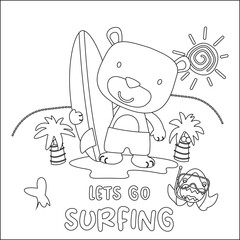 Vector illustration of cute little animal with a surfboard, Childish design for kids activity colouring book or page.