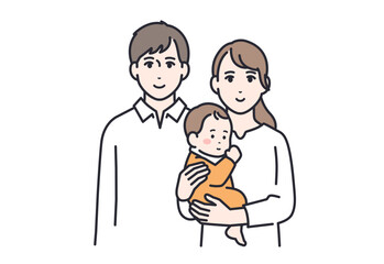 3人家族：若い夫婦と赤ちゃんのシンプルなベクターイラスト素材