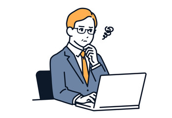 ノートパソコンの前で悩む経営者のシンプルなベクターイラスト素材