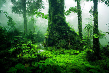 Obraz premium Huge trees on overgrown forest oasis background. 3D rendering