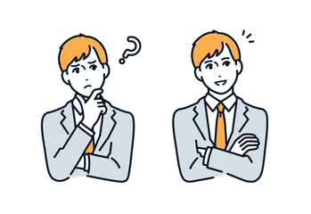 考える若いビジネスマンのシンプルなベクターイラストセット素材