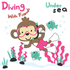Fototapeta premium Cute animal in snorkel mask diving in the sea isolated on white background illustration vector suitable for stickers and t shirts kids baby, t shirt print design, fashion graphic and other decoration.