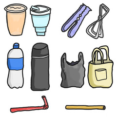 comparison of zero-waste stuff like foldable cup with plastic cup, iron clothspin, tumbler with plastic bottle, tote bag, bamboo straw with plastic straw. Good for environmental asset design