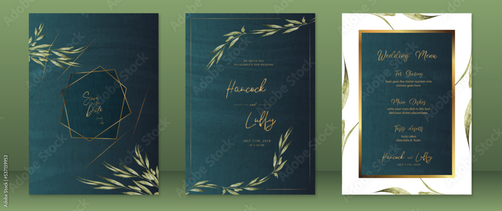 Wall mural Wedding invitation card template green design luxury of gold frame with nature leaf and watercolor background